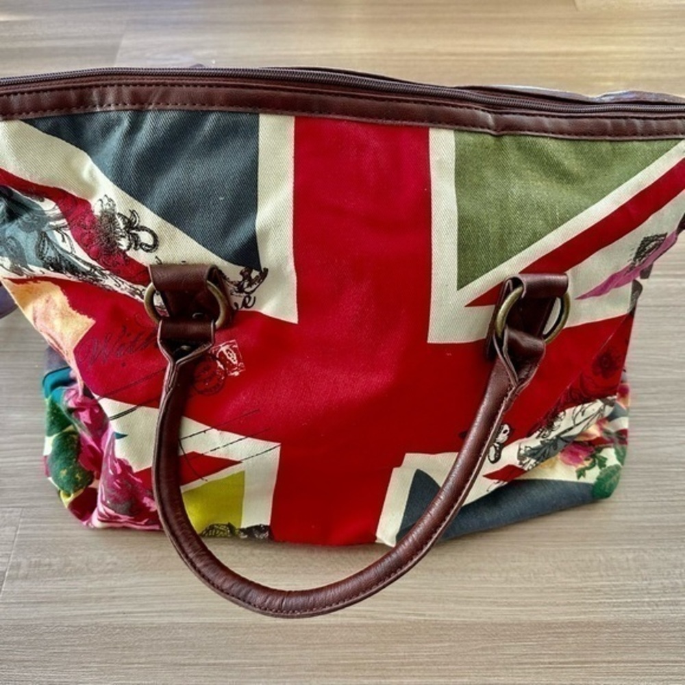 New Monsoon canvas weekender bag in cream and red